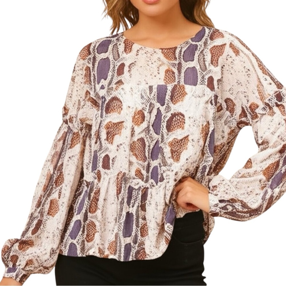 TCEC Brown and Cream Tiered Blouse Snake‎ Print Reptile Long Sleeves